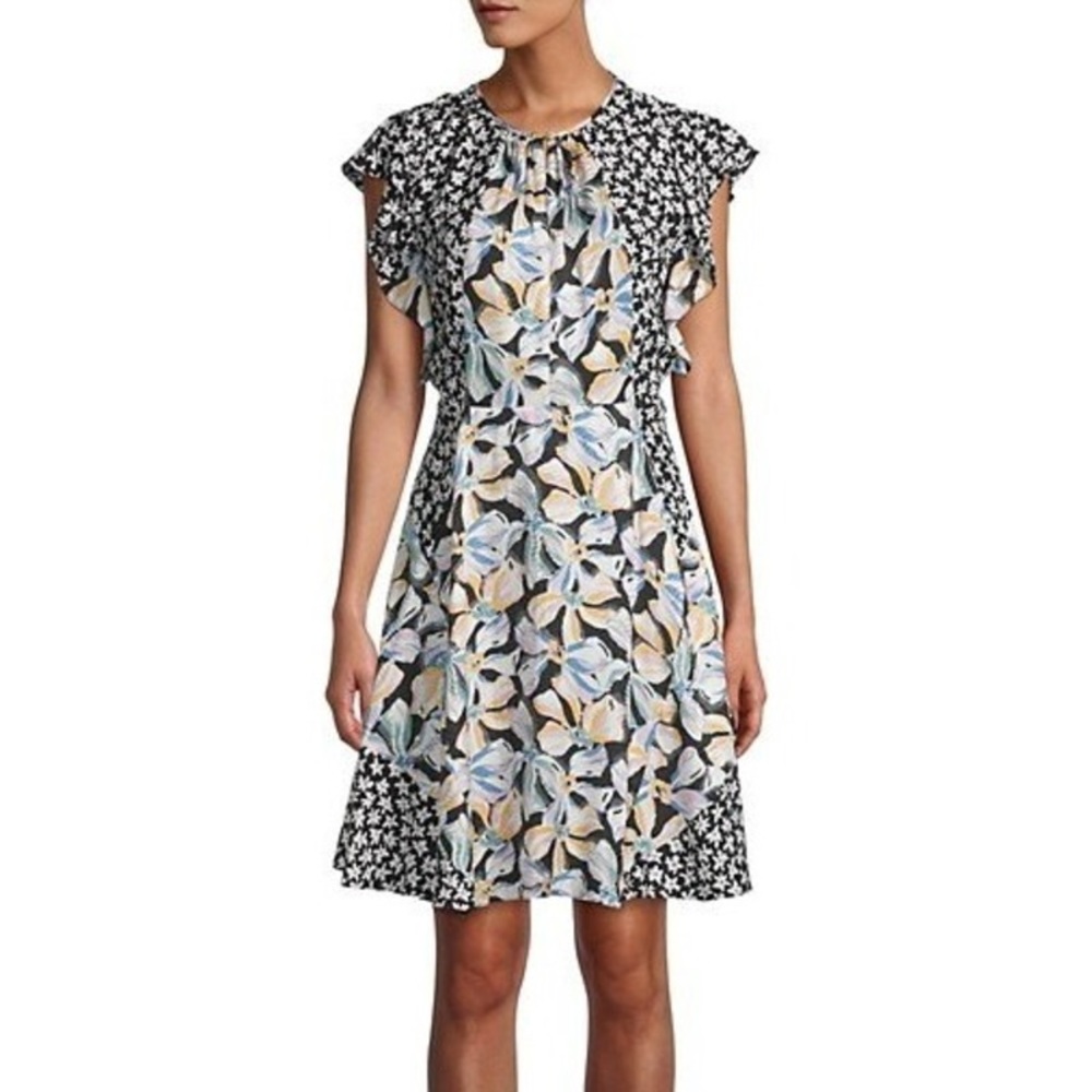 NWT Rebecca Taylor Bow Fleur Print Mix Dress